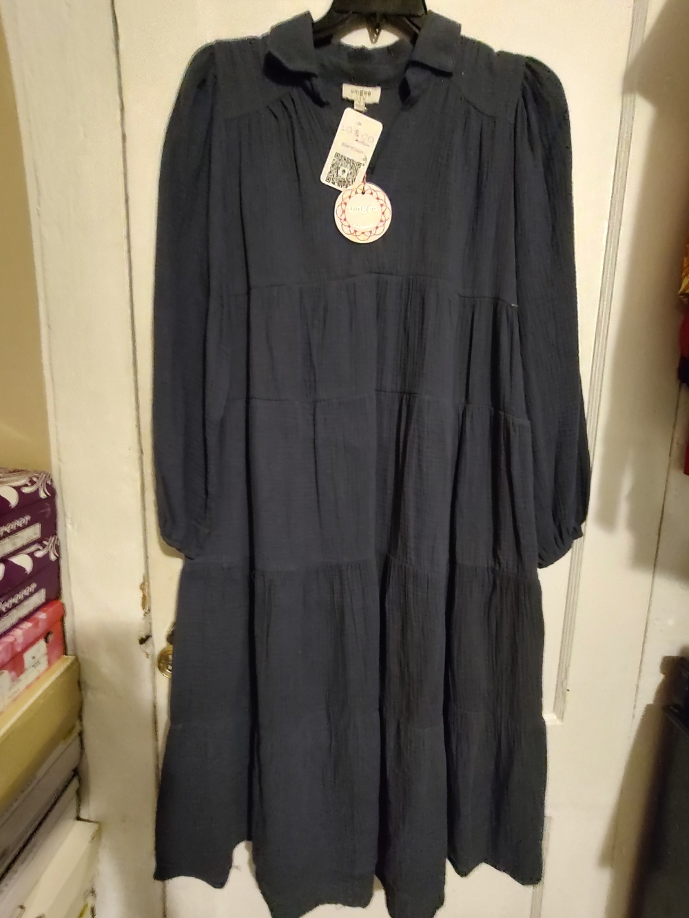 Umgee Navy Long Sleeve Tiered Midi Dress